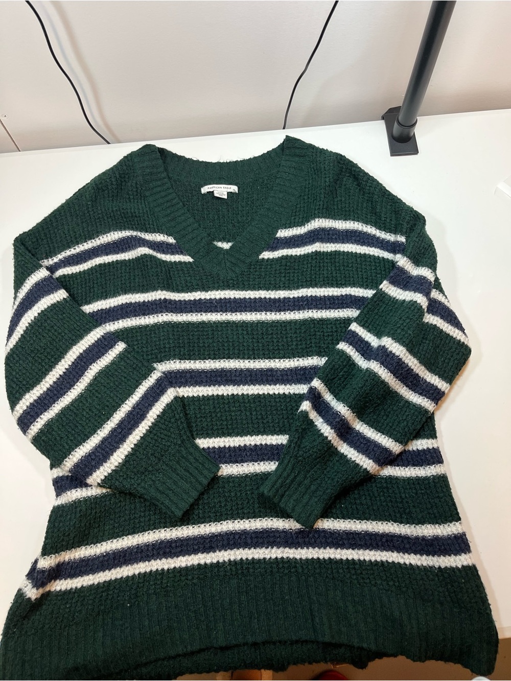 American Eagle Green Striped Chunky Knit V-Neck Sweater